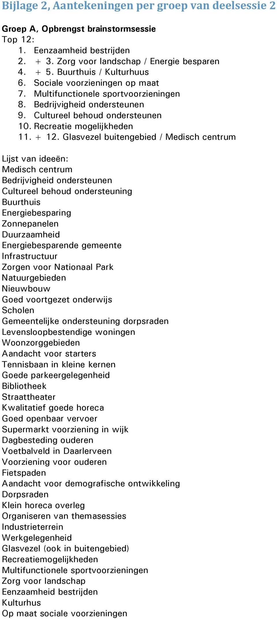 Glasvezel buitengebied / Medisch centrum Lijst van ideeën: Medisch centrum Bedrijvigheid ondersteunen Cultureel behoud ondersteuning Buurthuis Energiebesparing Zonnepanelen Duurzaamheid