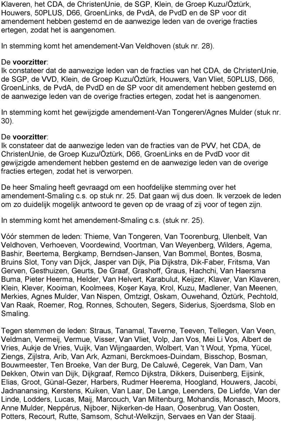 de SGP, de VVD, Klein, de Groep Kuzu/Öztürk, Houwers, Van Vliet, 50PLUS, D66, GroenLinks, de PvdA, de PvdD en de SP voor dit amendement hebben gestemd en de aanwezige leden van de overige fracties