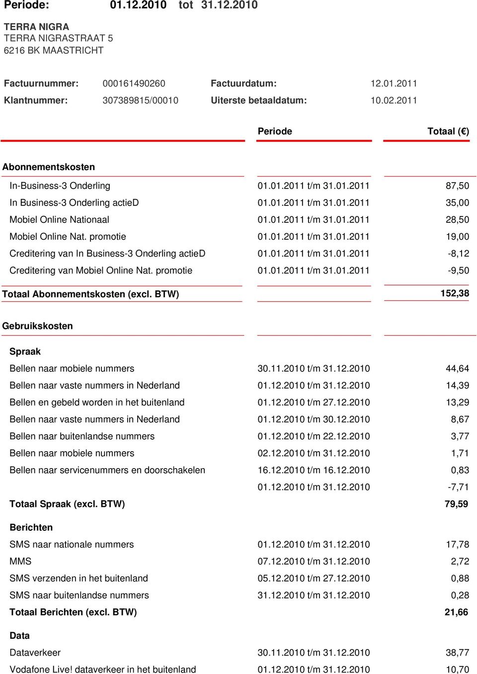 01.2011 t/m 31.01.2011-8,12 Creditering van Mobiel Online Nat. promotie 01.01.2011 t/m 31.01.2011-9,50 Totaal Abonnementskosten (excl. BTW) 152,38 Gebruikskosten Spraak Bellen naar mobiele nummers 30.