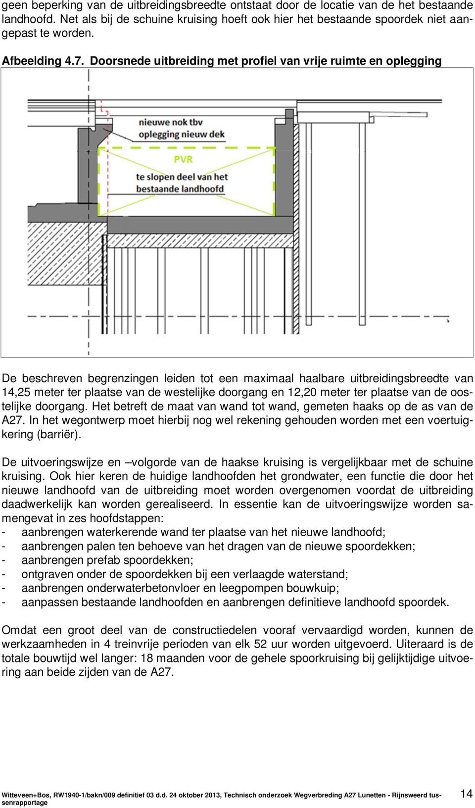 Doorsnede uitbreiding met profiel van vrije ruimte en oplegging De beschreven begrenzingen leiden tot een maximaal haalbare uitbreidingsbreedte van 14,25 meter ter plaatse van de westelijke doorgang