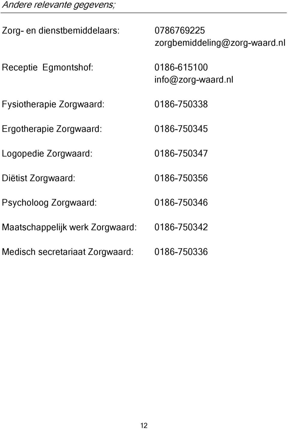 nl Fysiotherapie Zorgwaard: 0186-750338 Ergotherapie Zorgwaard: 0186-750345 Logopedie Zorgwaard: