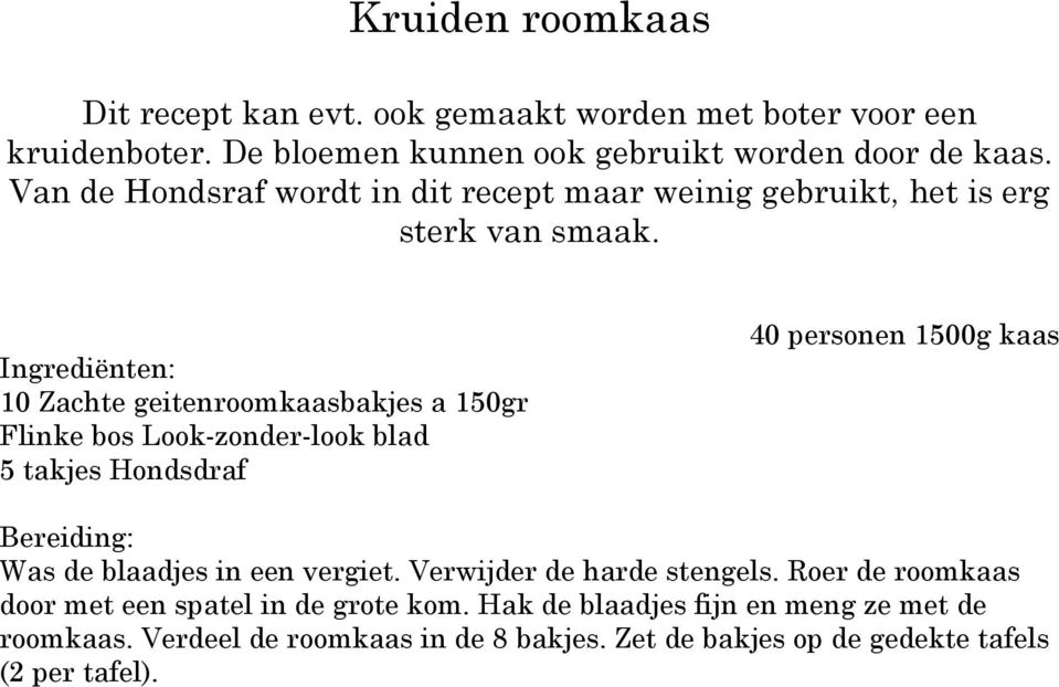 10 Zachte geitenroomkaasbakjes a 150gr Flinke bos Look-zonder-look blad 5 takjes Hondsdraf 40 personen 1500g kaas Was de blaadjes in een vergiet.