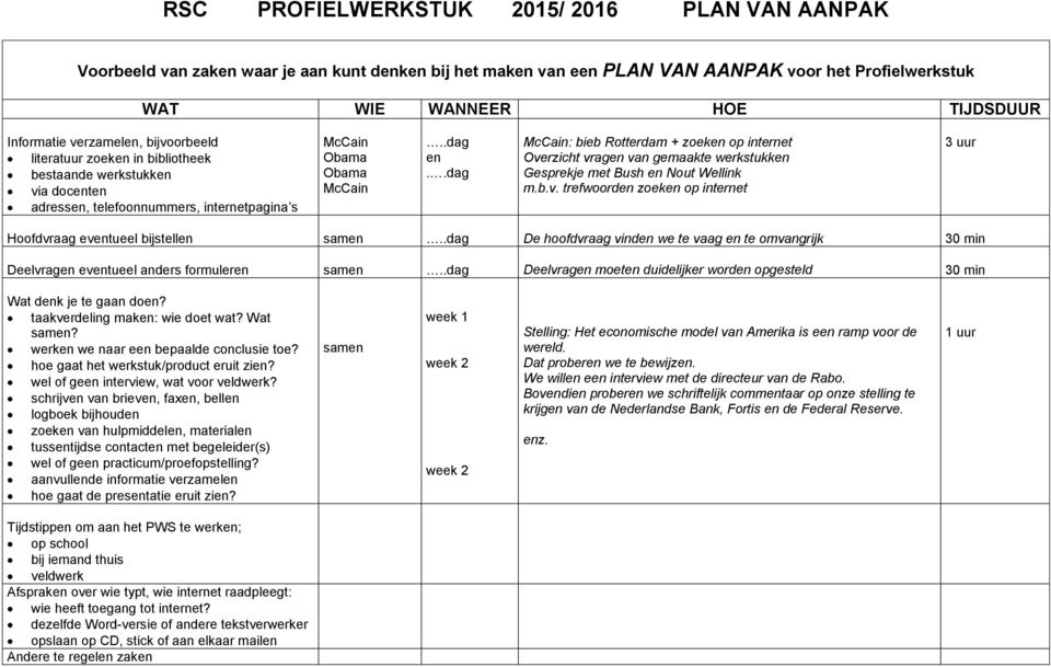 .dag McCain: bieb Rotterdam + zoeken op internet Overzicht vragen van gemaakte werkstukken Gesprekje met Bush en Nout Wellink m.b.v. trefwoorden zoeken op internet 3 uur Hoofdvraag eventueel bijstellen samen.