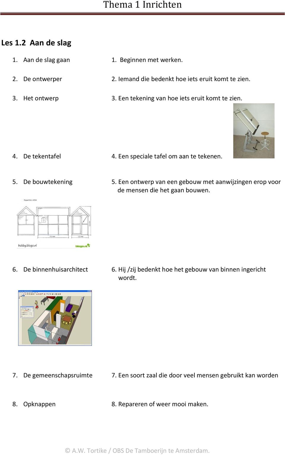 Een ontwerp van een gebouw met aanwijzingen erop voor de mensen die het gaan bouwen. 6. De binnenhuisarchitect 6.