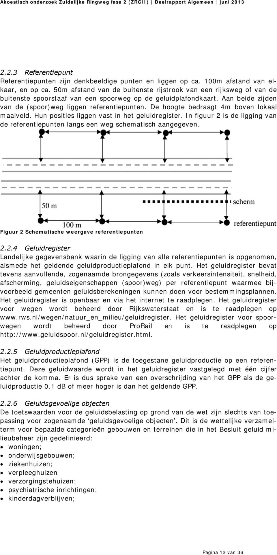 De hoogte bedraagt 4m boven lokaal maaiveld. Hun posities liggen vast in het geluidregister. In figuur 2 is de ligging van de referentiepunten langs een weg schematisch aangegeven.