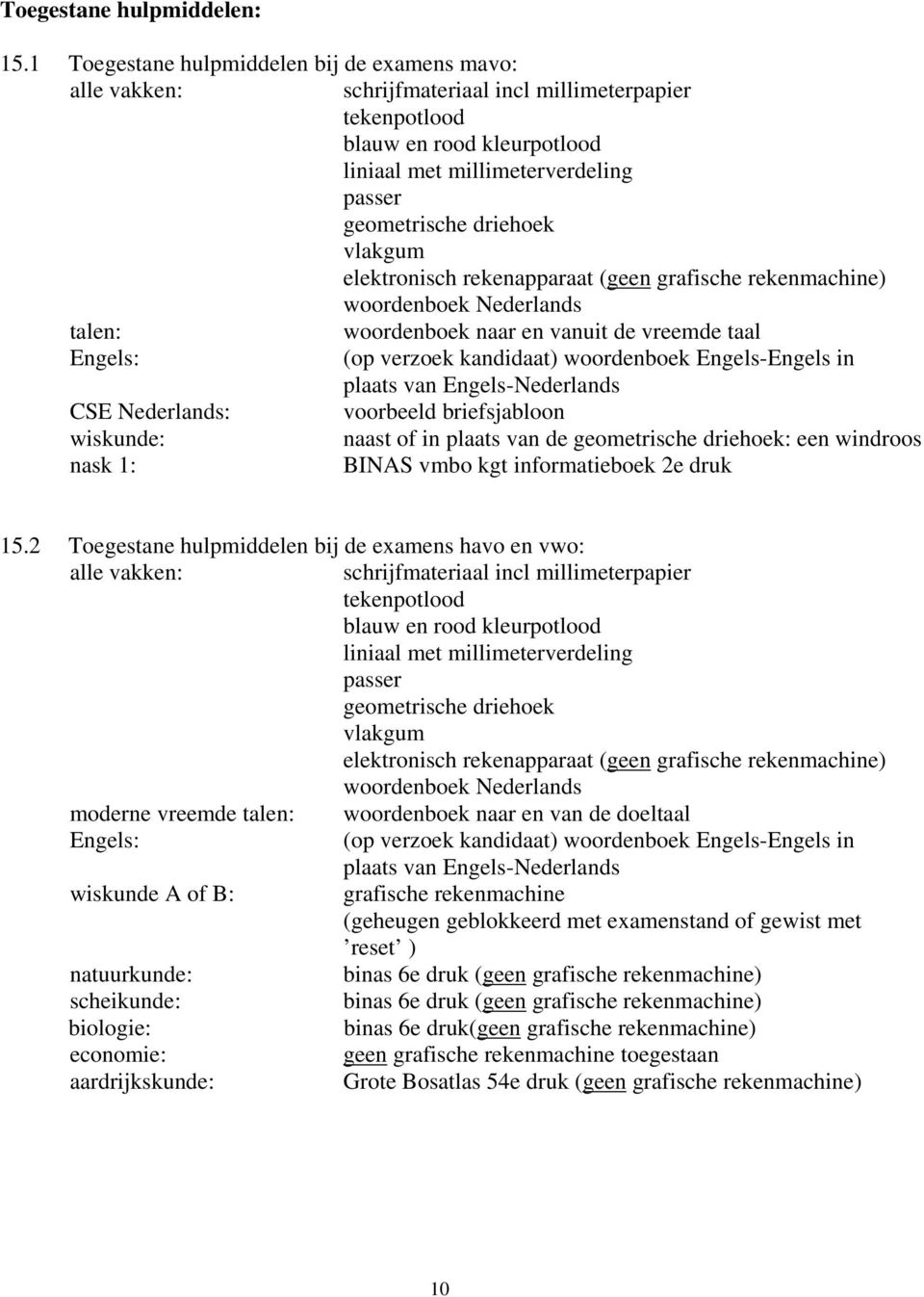 vlakgum elektronisch rekenapparaat (geen grafische rekenmachine) woordenboek Nederlands talen: woordenboek naar en vanuit de vreemde taal Engels: (op verzoek kandidaat) woordenboek Engels-Engels in