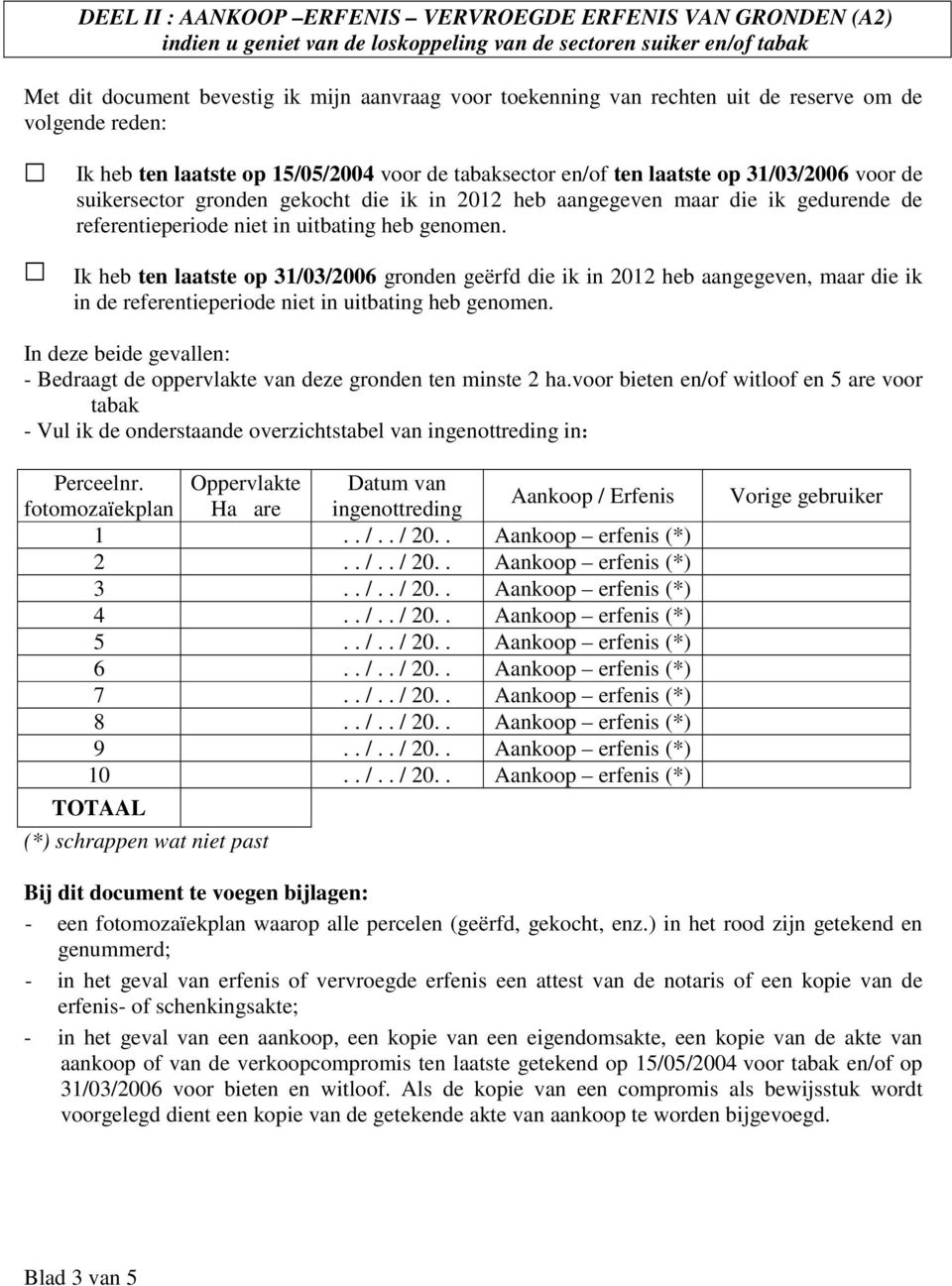 Ik heb ten laatste op 31/03/2006 gronden geërfd die ik in 2012 heb aangegeven, maar die ik in de referentieperiode niet in uitbating heb genomen.