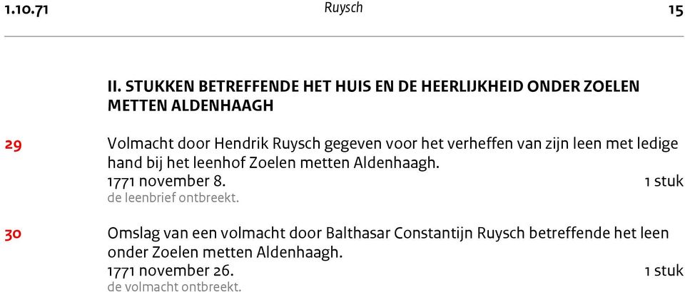 verheffen van zijn leen met ledige hand bij het leenhof Zoelen metten Aldenhaagh. 1771 november 8. 1 stuk de leenbrief ontbreekt.