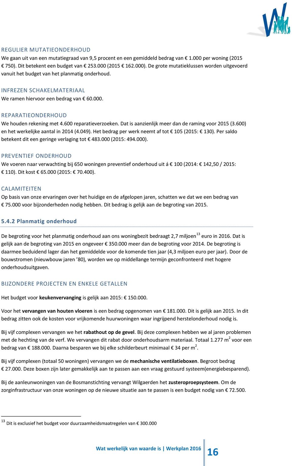 600 reparatieverzoeken. Dat is aanzienlijk meer dan de raming voor 2015 (3.600) en het werkelijke aantal in 2014 (4.049). Het bedrag per werk neemt af tot 105 (2015: 130).