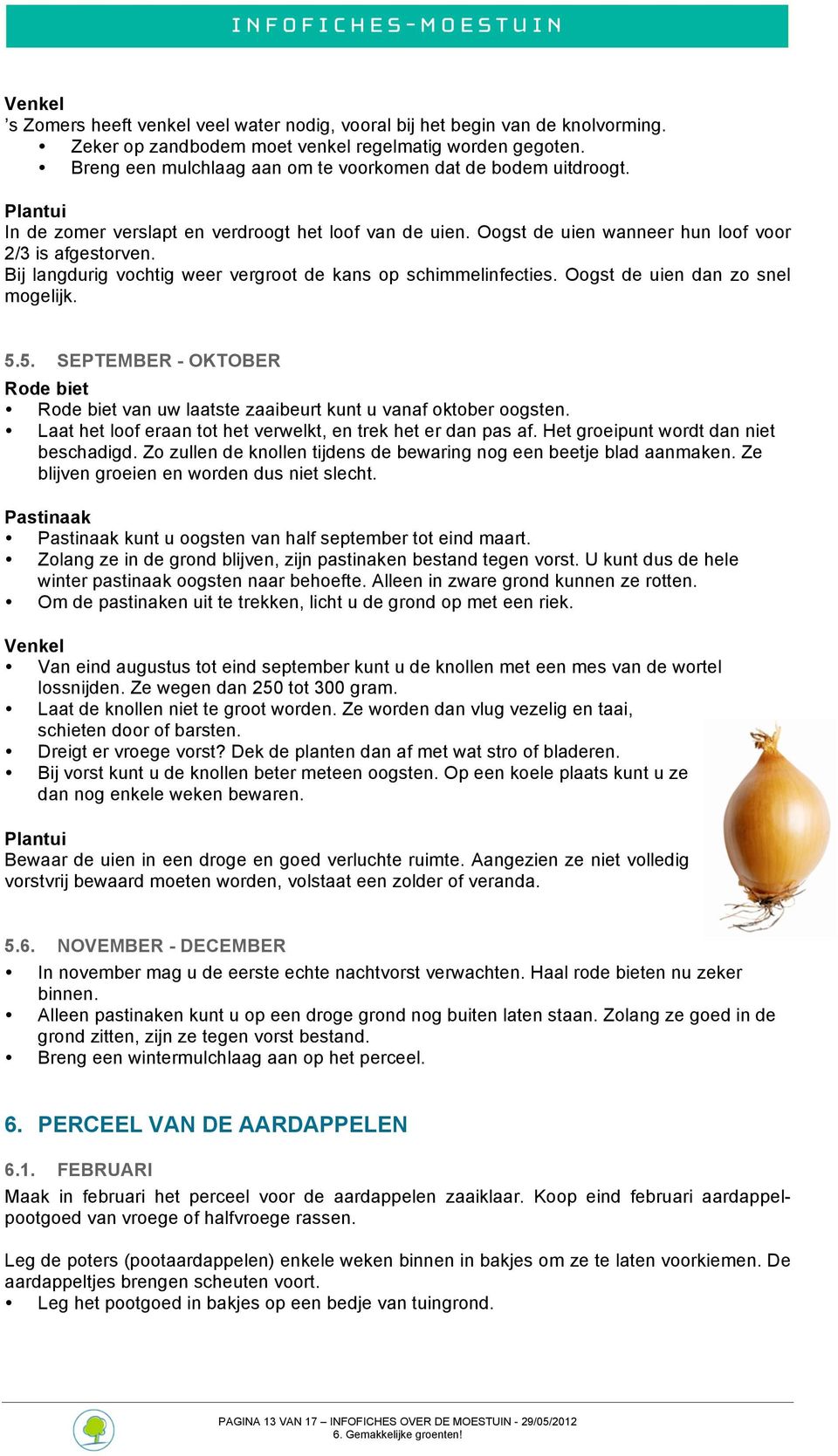 Bij langdurig vochtig weer vergroot de kans op schimmelinfecties. Oogst de uien dan zo snel mogelijk. 5.5. SEPTEMBER - OKTOBER Rode biet Rode biet van uw laatste zaaibeurt kunt u vanaf oktober oogsten.