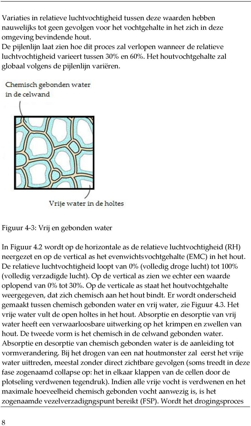 Figuur 4-3: Vrij en gebonden water In Figuur 4.2 wordt op de horizontale as de relatieve luchtvochtigheid (RH) neergezet en op de vertical as het evenwichtsvochtgehalte (EMC) in het hout.