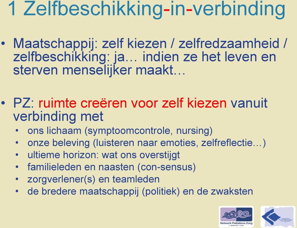 (symptoomcontrole, nursing) onze beleving (luisteren naar emoties, zelfreflectie ) ultieme horizon: wat ons