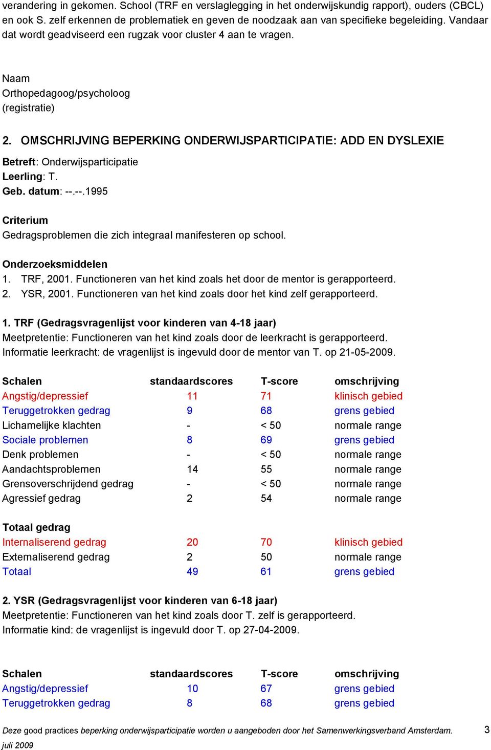 OMSCHRIJVING BEPERKING ONDERWIJSPARTICIPATIE: ADD EN DYSLEXIE Betreft: Onderwijsparticipatie Leerling: T. Geb. datum: --.--.1995 Criterium Gedragsproblemen die zich integraal manifesteren op school.