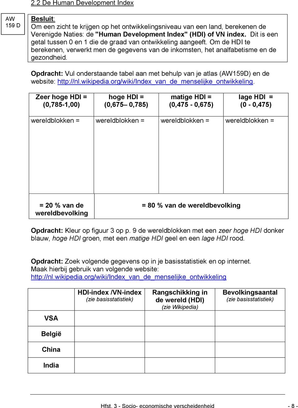 Opdracht: Vul onderstaande tabel aan met behulp van je atlas (AW159D) en de website: http://nl.wikipedia.org/wiki/index_van_de_menselijke_ontwikkeling.