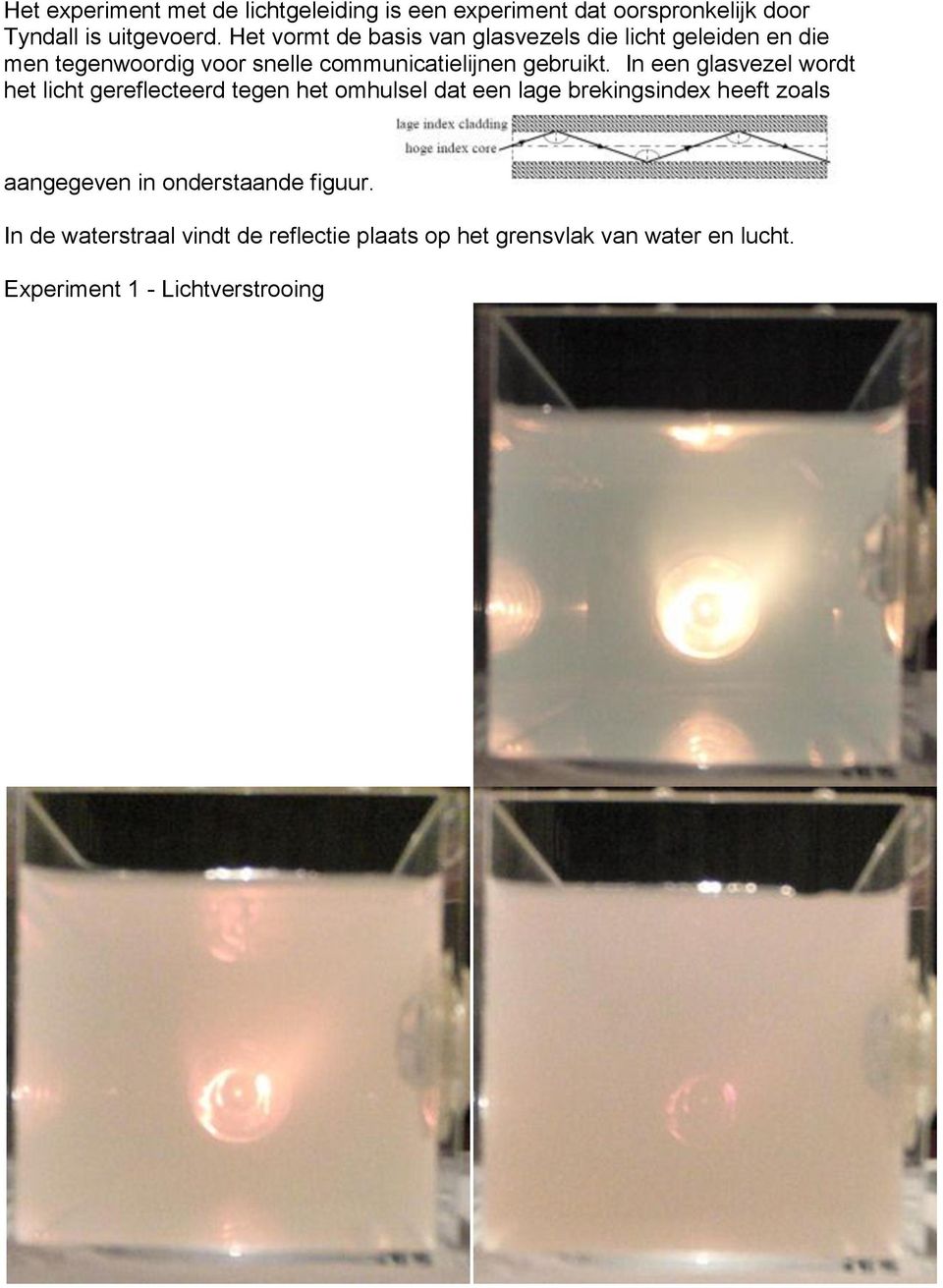 In een glasvezel wordt het licht gereflecteerd tegen het omhulsel dat een lage brekingsindex heeft zoals aangegeven