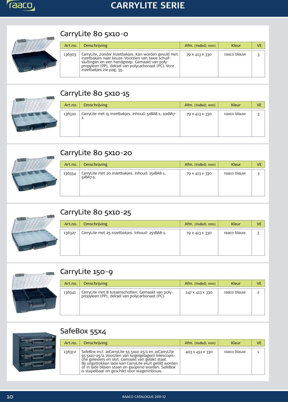 Inhoud: 5xBA8-1, 10xBA7-1. 79 x 413 x 330 raaco blauw 3 CarryLite 80 5x10-20 136334 CarryLite met 20 inzetbakjes. Inhoud: 15xBA8-1, 5xBA7-1.