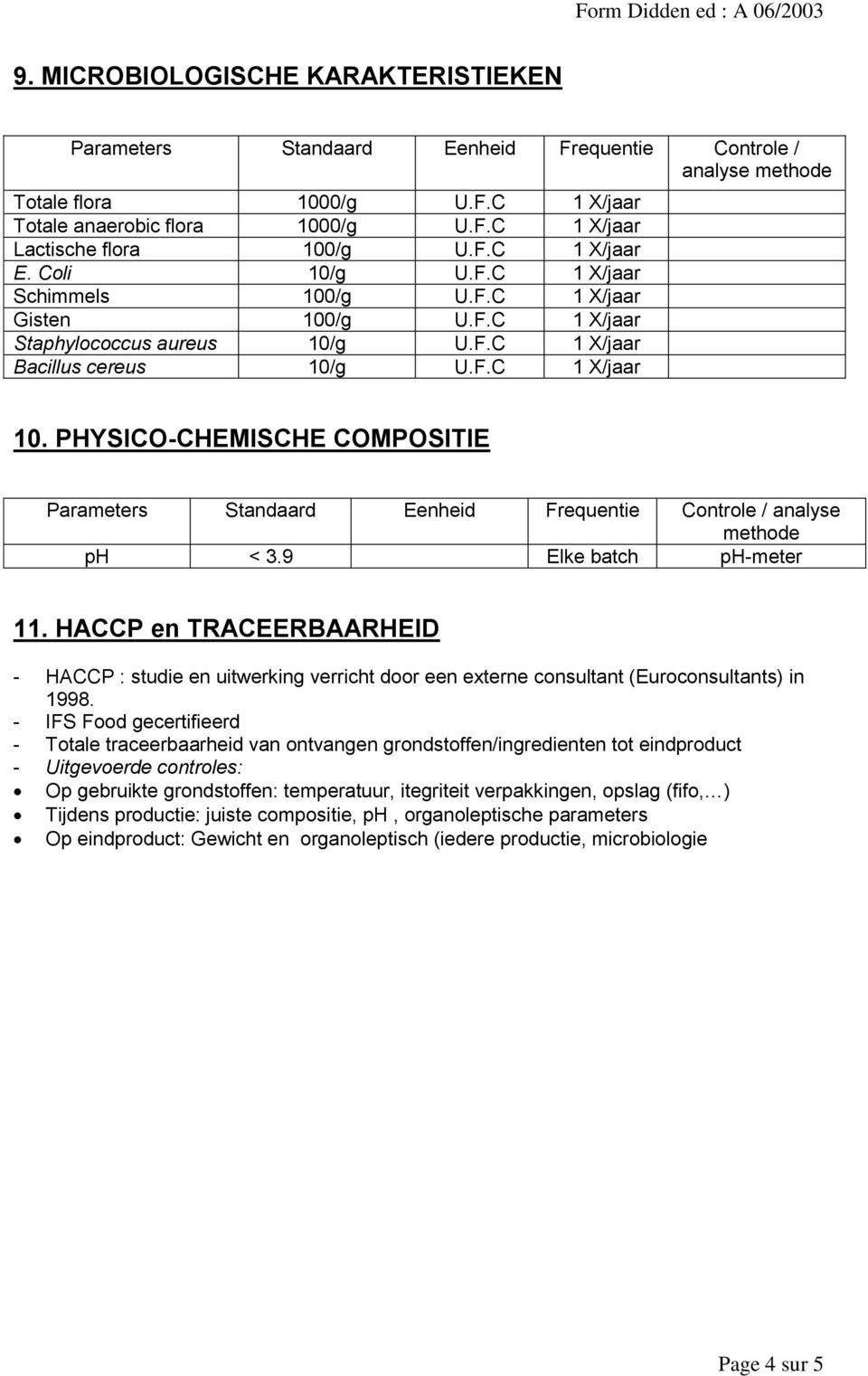 PHYSICO-CHEMISCHE COMPOSITIE Parameters Standaard Eenheid Frequentie Controle / analyse methode ph < 3.9 Elke batch ph-meter 11.