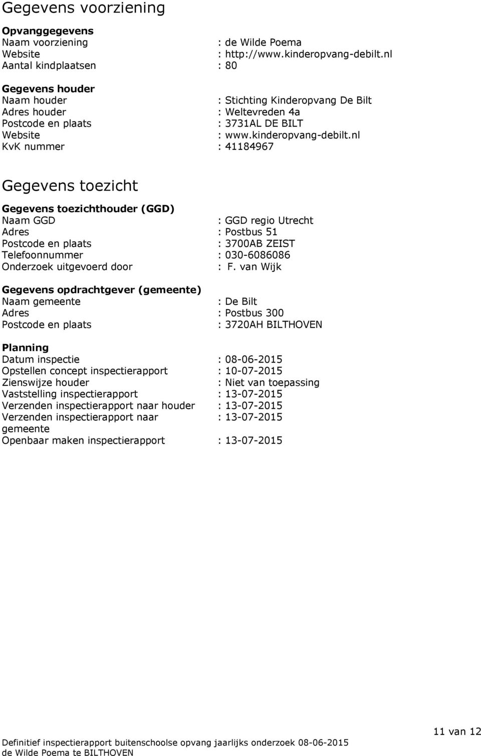 nl KvK nummer : 41184967 Gegevens toezicht Gegevens toezichthouder (GGD) Naam GGD : GGD regio Utrecht Adres : Postbus 51 Postcode en plaats : 3700AB ZEIST Telefoonnummer : 030-6086086 Onderzoek
