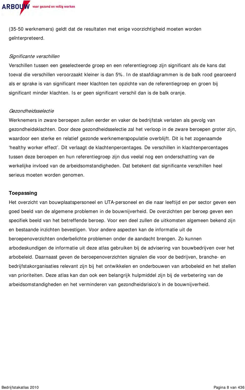 In de staafdiagrammen is de balk rood gearceerd als er sprake is van significant meer klachten ten opzichte van de referentiegroep en groen bij significant minder klachten.