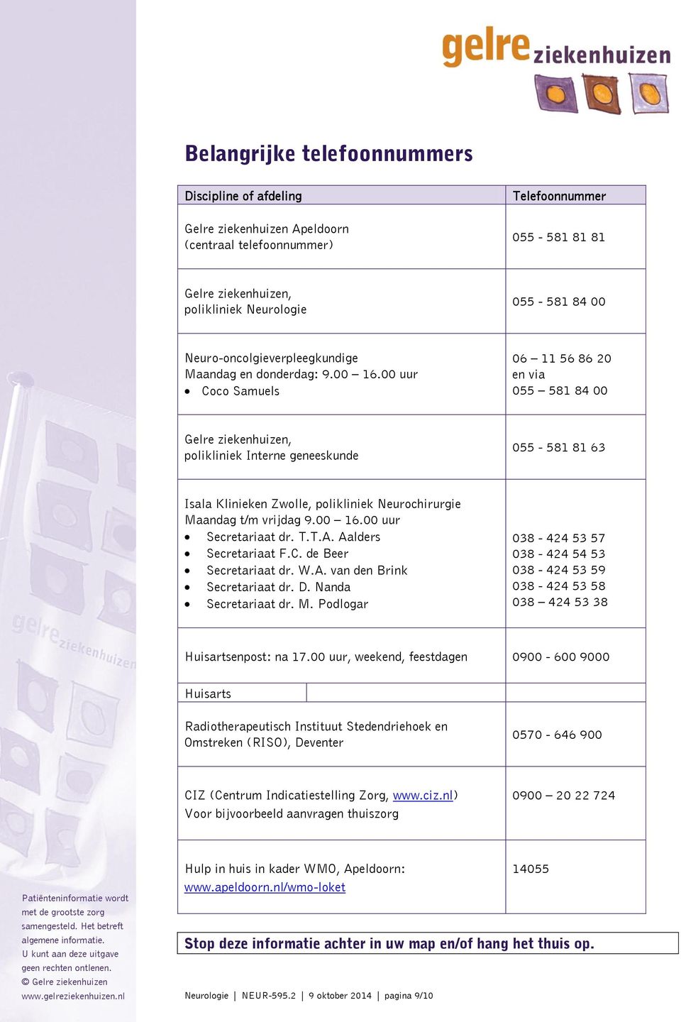 00 uur Coco Samuels 06 11 56 86 20 en via 055 581 84 00 Gelre ziekenhuizen, polikliniek Interne geneeskunde 055-581 81 63 Isala Klinieken Zwolle, polikliniek Neurochirurgie Maandag t/m vrijdag 9.