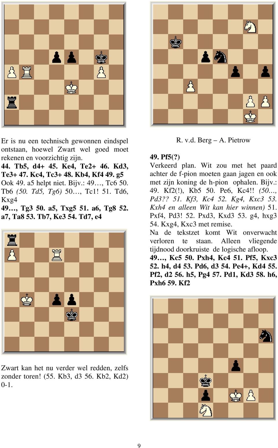 Wit zou met het paard achter de f-pion moeten gaan jagen en ook met zijn koning de h-pion ophalen. Bijv.: 49. Kf2(!), Kb5 50. Pe6, Kc4!! (50, Pd3?? 51. Kf3, Kc4 52. Kg4, Kxc3 53.