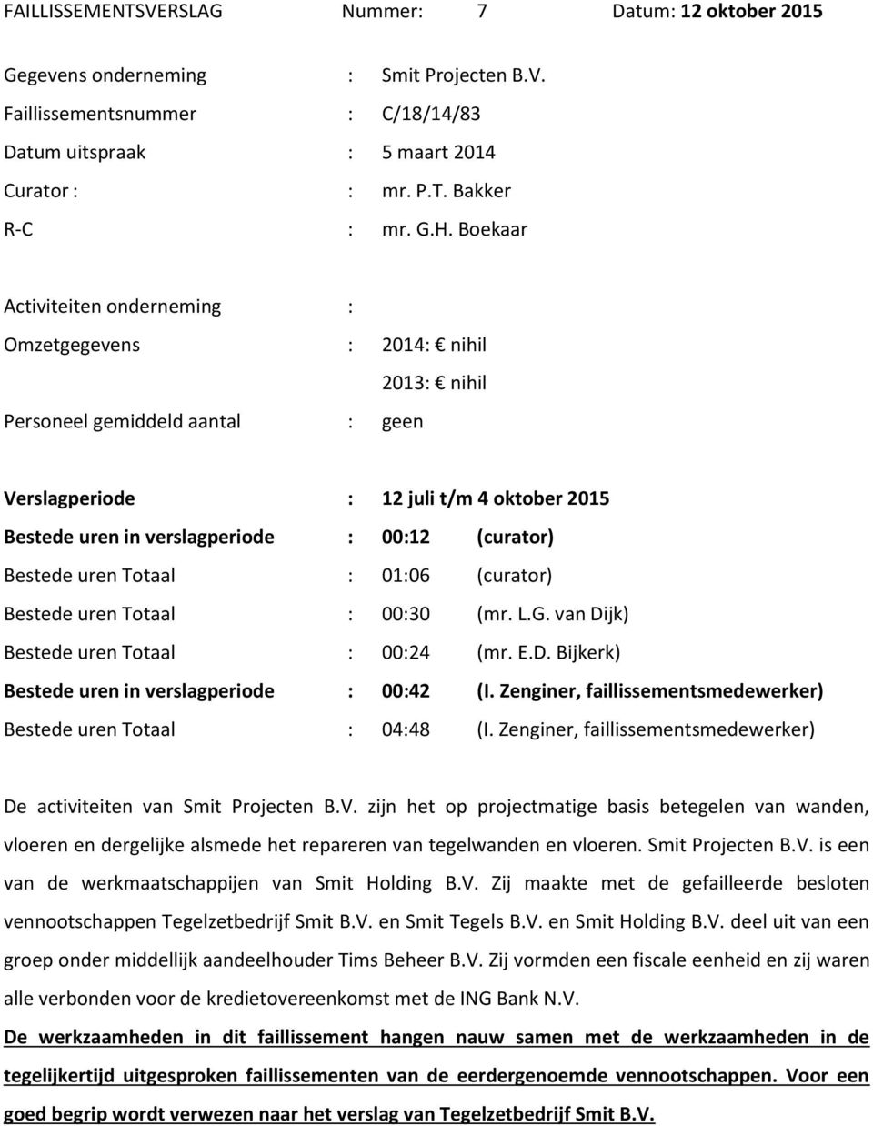 (curator) Bestede uren Totaal : 01:06 (curator) Bestede uren Totaal : 00:30 (mr. L.G. van Dijk) Bestede uren Totaal : 00:24 (mr. E.D. Bijkerk) Bestede uren in verslagperiode : 00:42 (I.