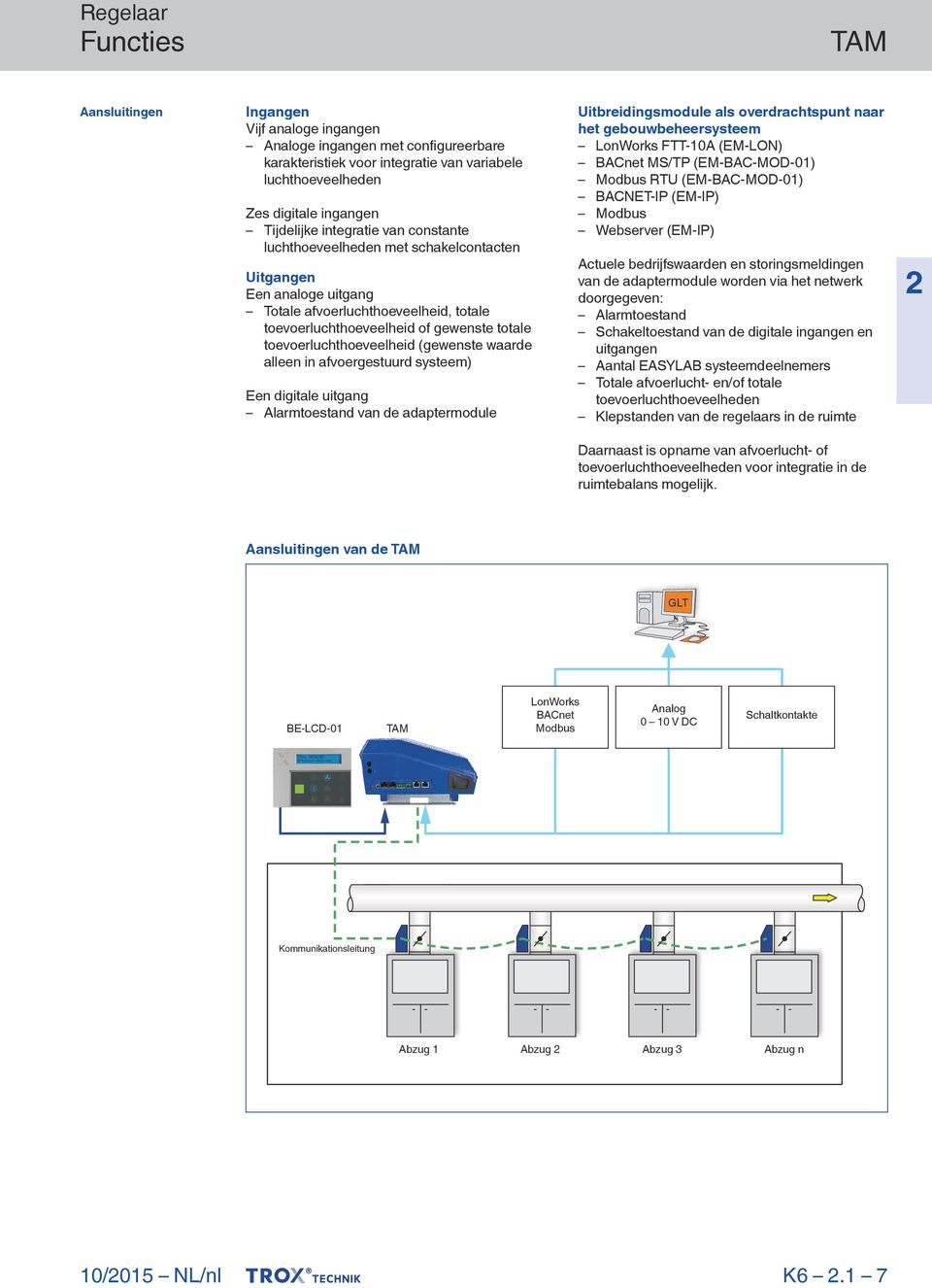 waarde alleen in afvoergestuurd systeem) Een digitale uitgang Alarmtoestand van de adaptermodule Uitbreidingsmodule als overdrachtspunt naar het gebouwbeheersysteem LonWorks FTT-10A (EM-LON) BACnet