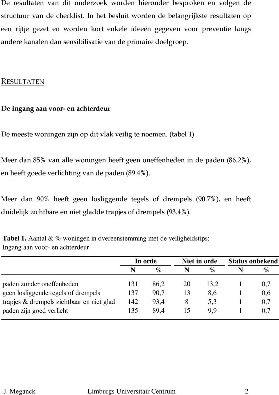 RESULTATEN De ingang aan voor- en achterdeur De meeste woningen zijn op dit vlak veilig te noemen. (tabel 1) Meer dan 85% van alle woningen heeft geen oneffenheden in de paden (86.