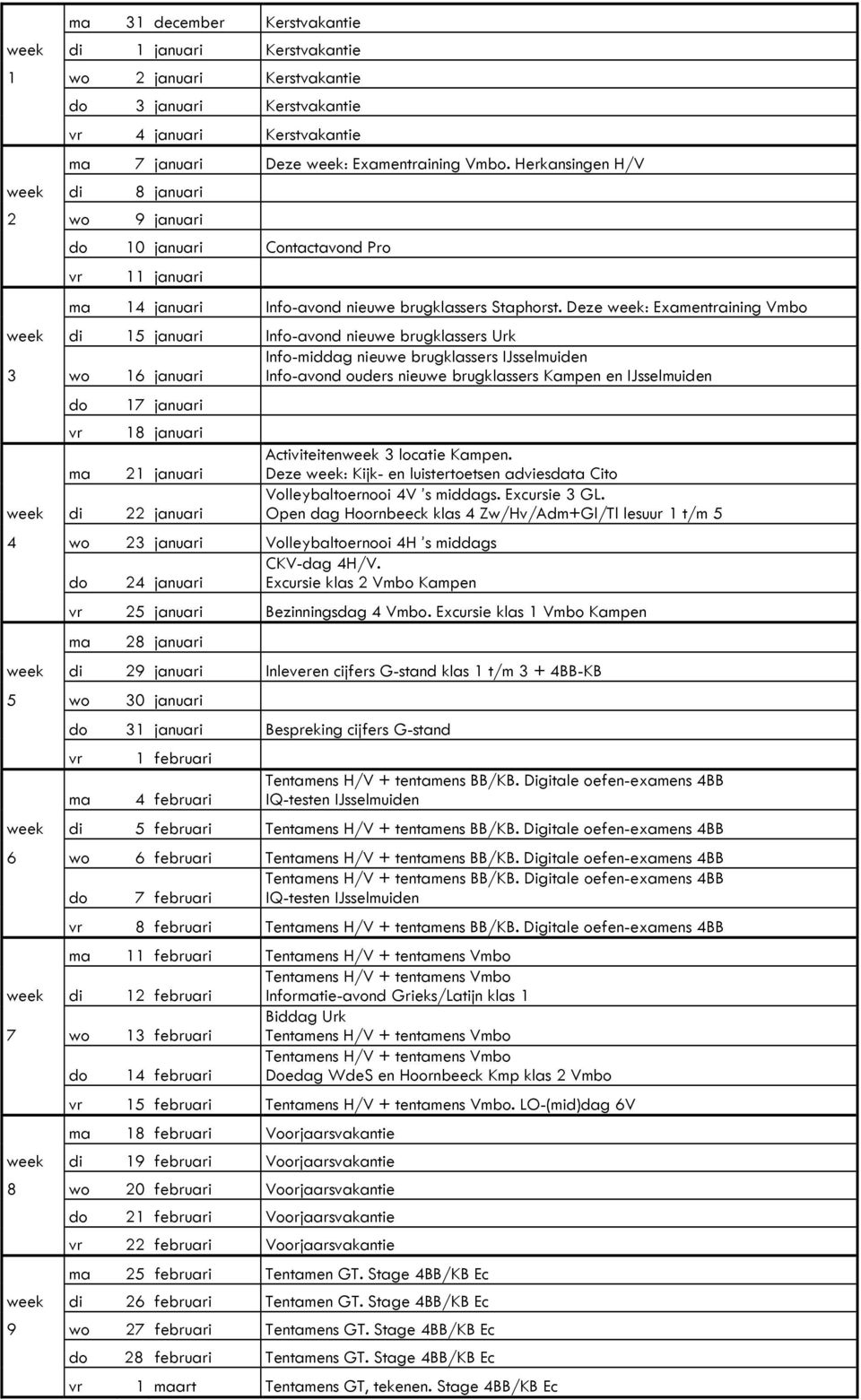 Deze week: Examentraining Vmbo week di 15 januari Info-avond nieuwe brugklassers Urk 3 wo 16 januari Info-middag nieuwe brugklassers IJsselmuiden Info-avond ouders nieuwe brugklassers Kampen en