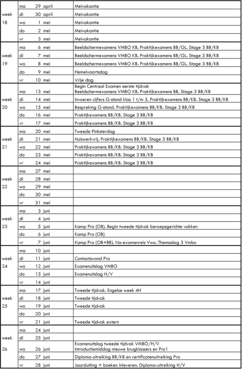 Stage 3 BB/KB 19 wo 8 mei Beeldschermexamens VMBO KB. Praktijkexamens BB/GL. Stage 3 BB/KB 9 mei Hemelvaartsdag 10 mei Vrije dag 13 mei Begin Centraal Examen eerste tijdvak Beeldschermexamens VMBO KB.