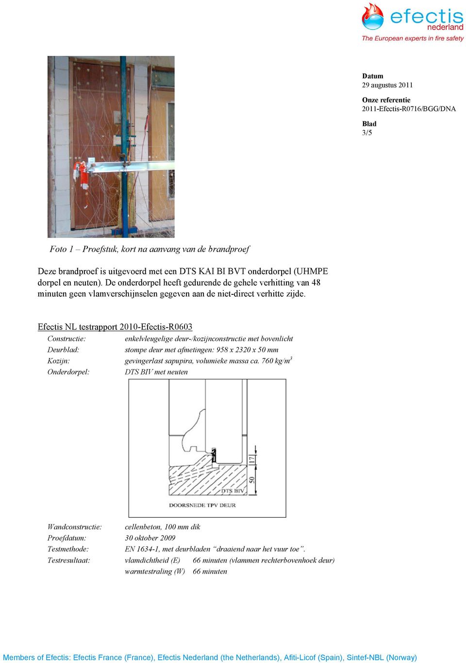 Efectis NL testrapport 2010-Efectis-R0603 Constructie: enkelvleugelige deur-/kozijnconstructie met bovenlicht Deurblad: stompe deur met afmetingen: 958 x 2320 x 50 mm Kozijn: gevingerlast