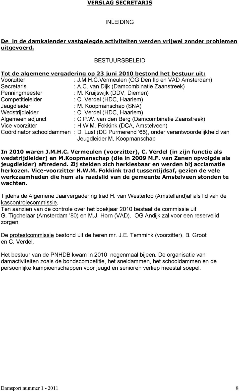 Kruijswijk (DDV, Diemen) Competitieleider : C. Verdel (HDC, Haarlem) Jeugdleider : M. Koopmanschap (SNA) Wedstrijdleider : C. Verdel (HDC, Haarlem) Algemeen adjunct : C.P.W. van den Berg (Damcombinatie Zaanstreek) Vice-voorzitter : H.