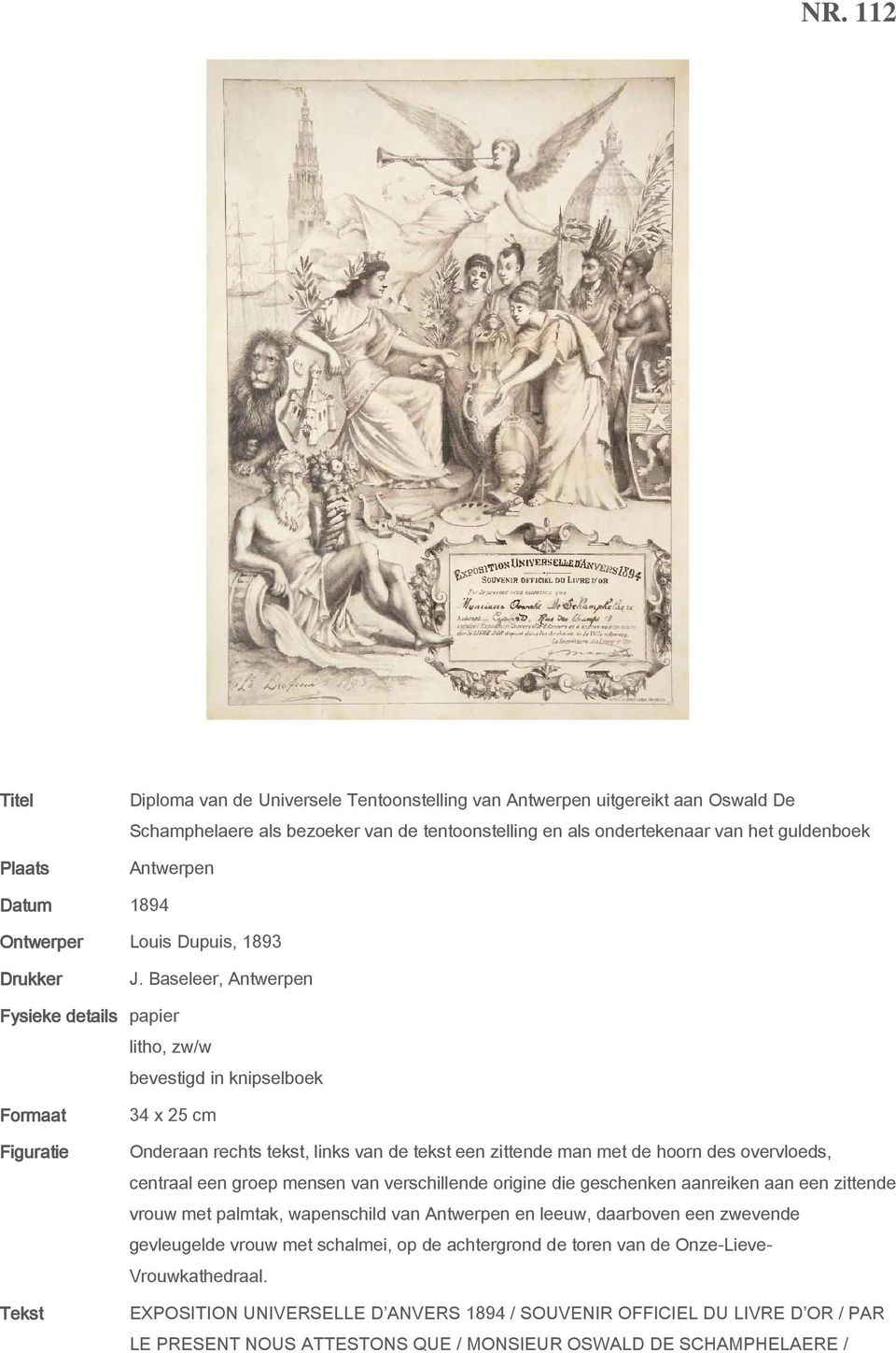 Baseleer, Antwerpen litho, zw/w bevestigd in knipselboek 34 x 25 cm Onderaan rechts tekst, links van de tekst een zittende man met de hoorn des overvloeds, centraal een groep mensen van verschillende