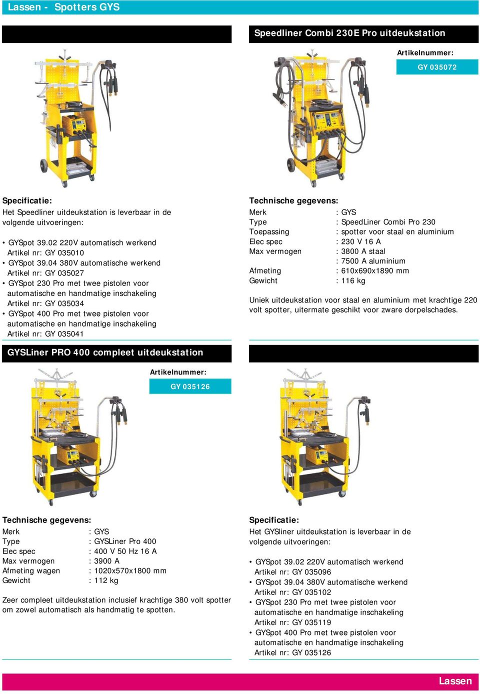 04 380V automatische werkend Artikel nr: GY 035027 GYSpot 230 Pro met twee pistolen voor automatische en handmatige inschakeling Artikel nr: GY 035034 GYSpot 4 Pro met twee pistolen voor automatische