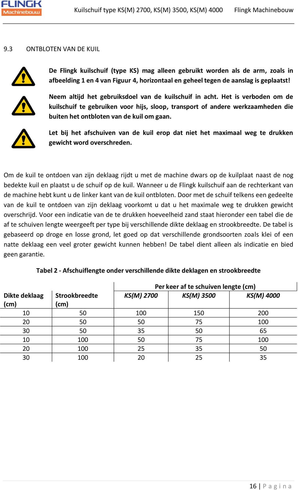 Let bij het afschuiven van de kuil erop dat niet het maximaal weg te drukken gewicht word overschreden.