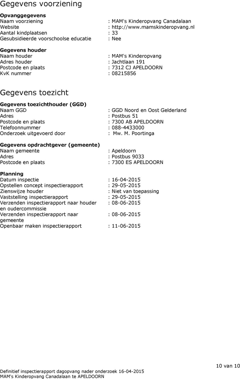 : 08215856 Gegevens toezicht Gegevens toezichthouder (GGD) Naam GGD : GGD Noord en Oost Gelderland Adres : Postbus 51 Postcode en plaats : 7300 AB APELDOORN Telefoonnummer : 088-4433000 Onderzoek
