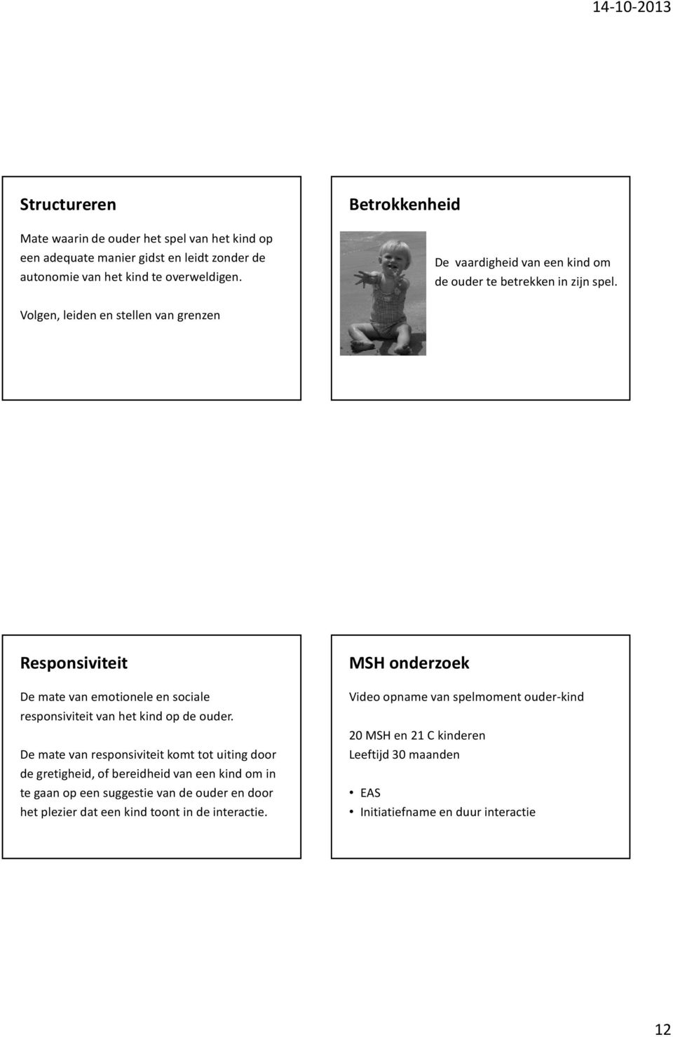 Volgen, leiden en stellen van grenzen Responsiviteit De mate van emotionele en sociale responsiviteit van het kind op de ouder.