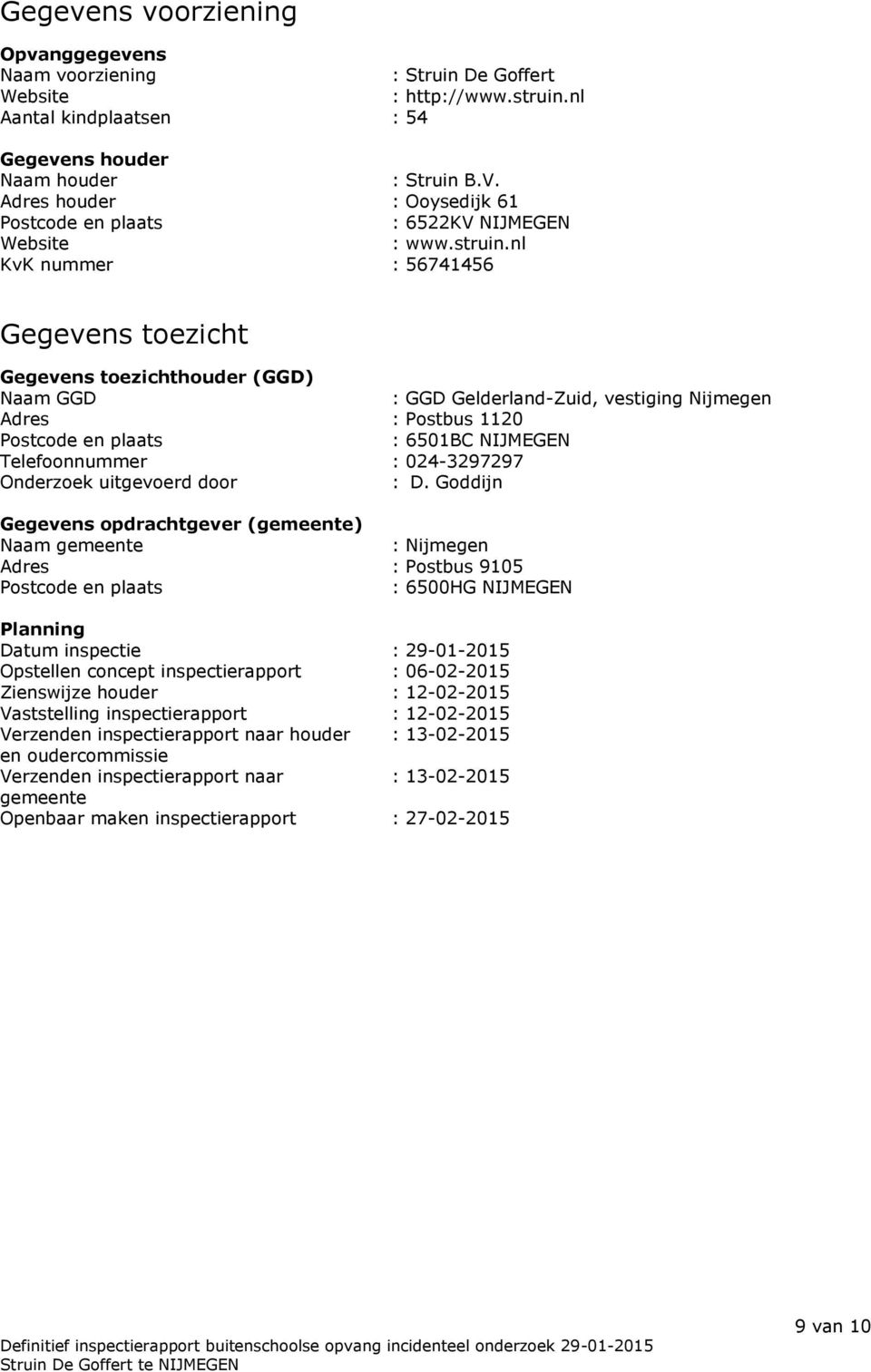 nl KvK nummer : 56741456 Gegevens toezicht Gegevens toezichthouder (GGD) Naam GGD : GGD Gelderland-Zuid, vestiging Nijmegen Adres : Postbus 1120 Postcode en plaats : 6501BC NIJMEGEN Telefoonnummer :