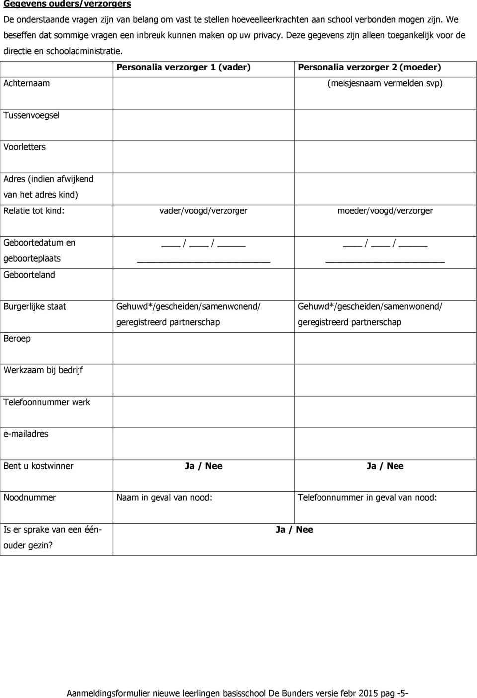 Personalia verzorger 1 (vader) Personalia verzorger 2 (moeder) Achternaam (meisjesnaam vermelden svp) Tussenvoegsel Voorletters Adres (indien afwijkend van het adres kind) Relatie tot kind: