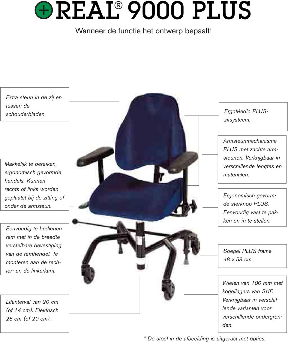 Te monteren aan de rechter- en de linkerkant. Liftinterval van 20 cm (of 14 cm). Elektrisch 28 cm (of 20 cm). Armsteunmechanisme PLUS met zachte armsteunen.