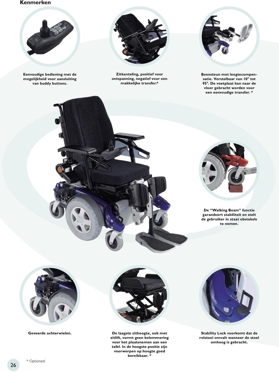 * De Walking Beam functie garandeert stabiliteit en stelt de gebruiker in staat obstakels te nemen. 26 Geveerde achterwielen.