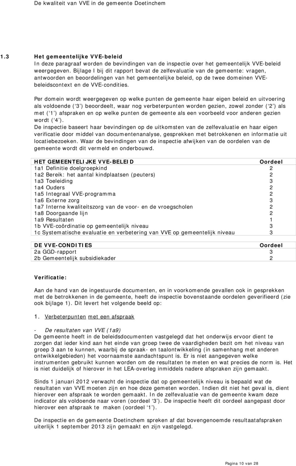 Per domein wordt weergegeven op welke punten de gemeente haar eigen beleid en uitvoering als voldoende ( 3 ) beoordeelt, waar nog verbeterpunten worden gezien, zowel zonder ( 2 ) als met ( 1 )