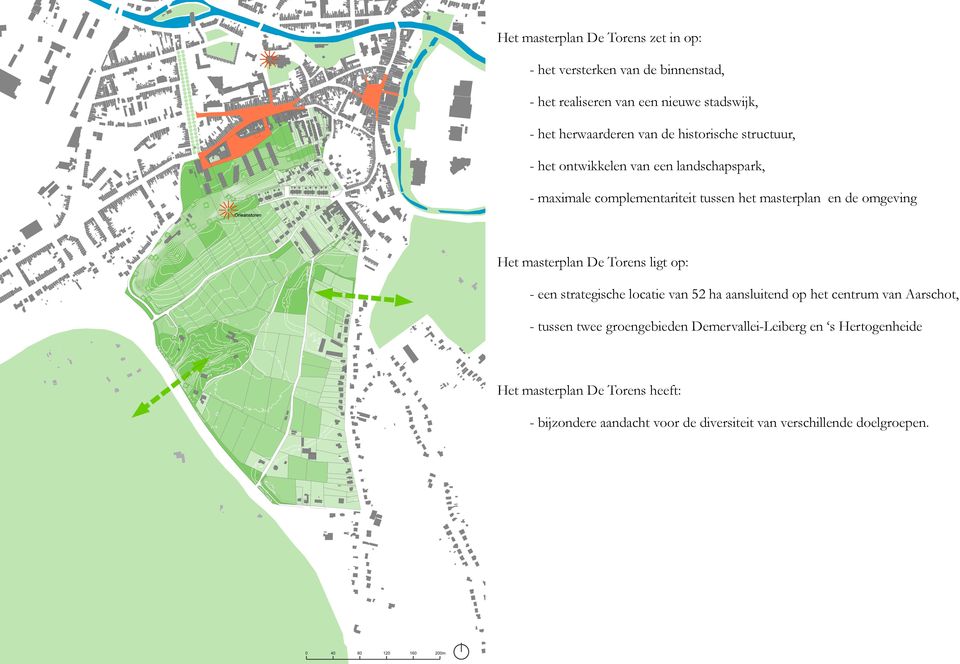 masterplan De Torens ligt op: - een strategische locatie van 52 ha aansluitend op het centrum van Aarschot, - tussen twee groengebieden