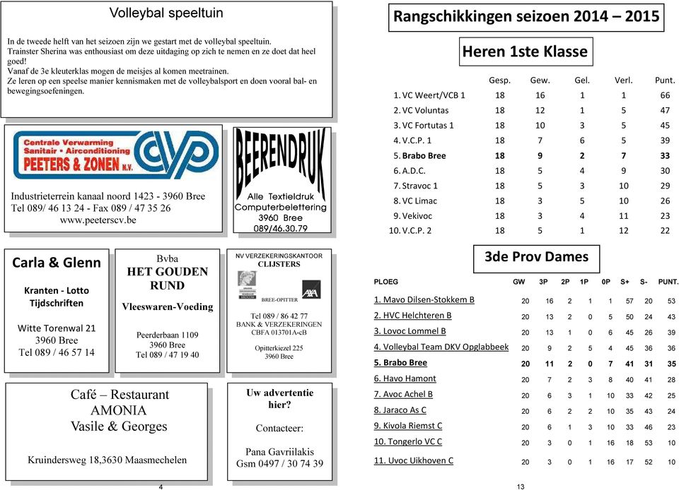 Industrieterrein kanaal noord 1423 - Tel 089/ 46 13 24 - Fax 089 / 47 35 26 www.peeterscv.be Rangschikkingen seizoen 2014 2015 Heren 1ste Klasse Gesp. Gew. Gel. Verl. Punt. 1. VC Weert/VCB 1 18 16 1 1 66 2.