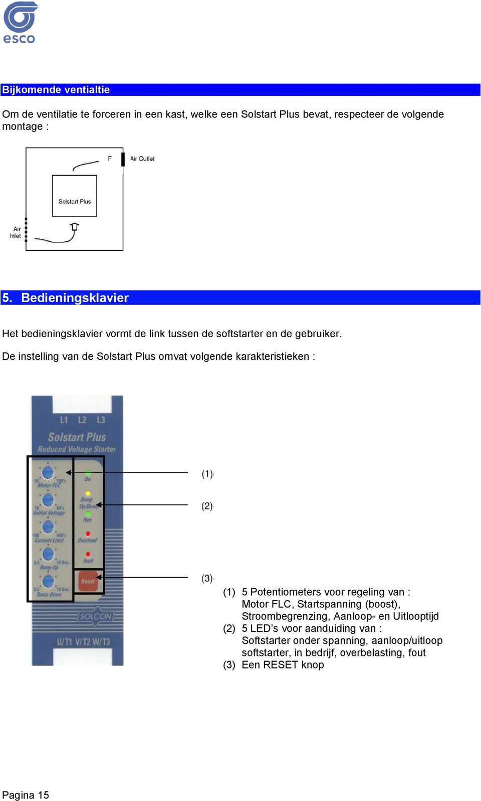 De instelling van de Solstart Plus omvat volgende karakteristieken : (1) 5 Potentiometers voor regeling van : Motor FLC, Startspanning