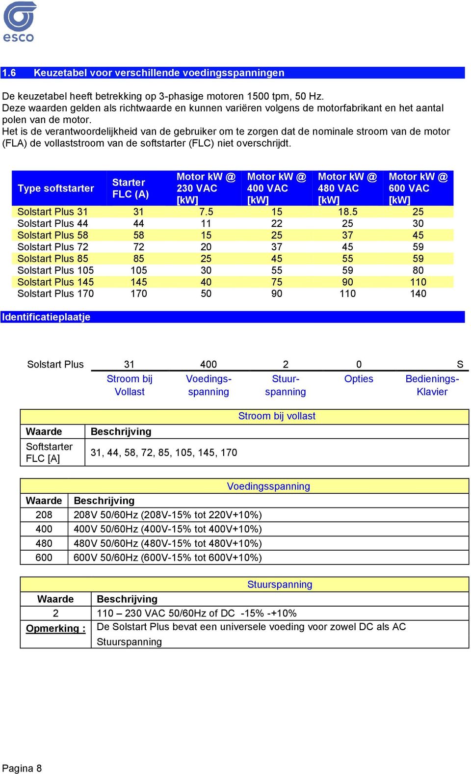 Het is de verantwoordelijkheid van de gebruiker om te zorgen dat de nominale stroom van de motor (FLA) de vollaststroom van de softstarter (FLC) niet overschrijdt.