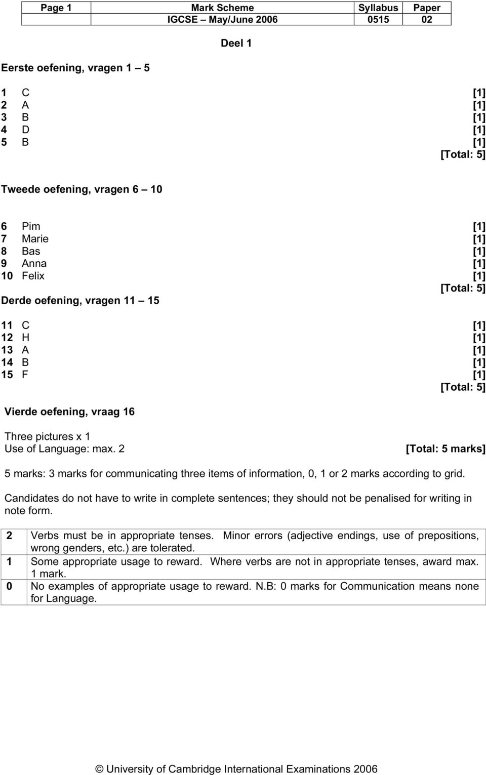 2 [Total: 5 marks] 5 marks: 3 marks for communicating three items of information, 0, 1 or 2 marks according to grid.