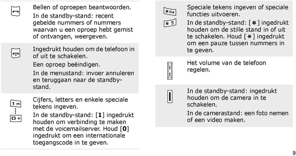 In de standby-stand: [1] ingedrukt houden om verbinding te maken met de voicemailserver. Houd [0] ingedrukt om een internationale toegangscode in te geven.