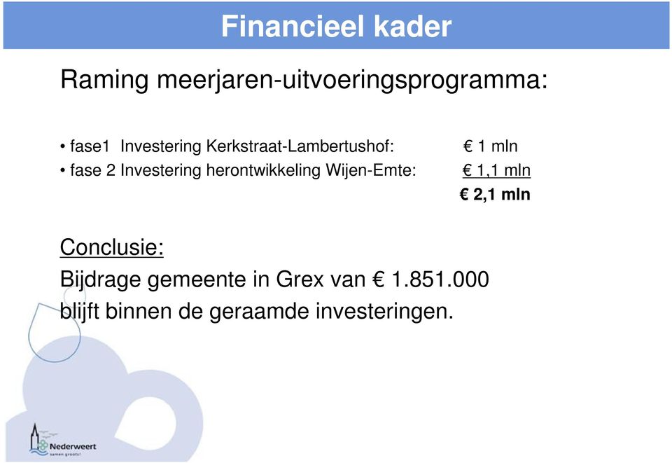 herontwikkeling Wijen-Emte: 1,1 mln 2,1 mln Conclusie: Bijdrage