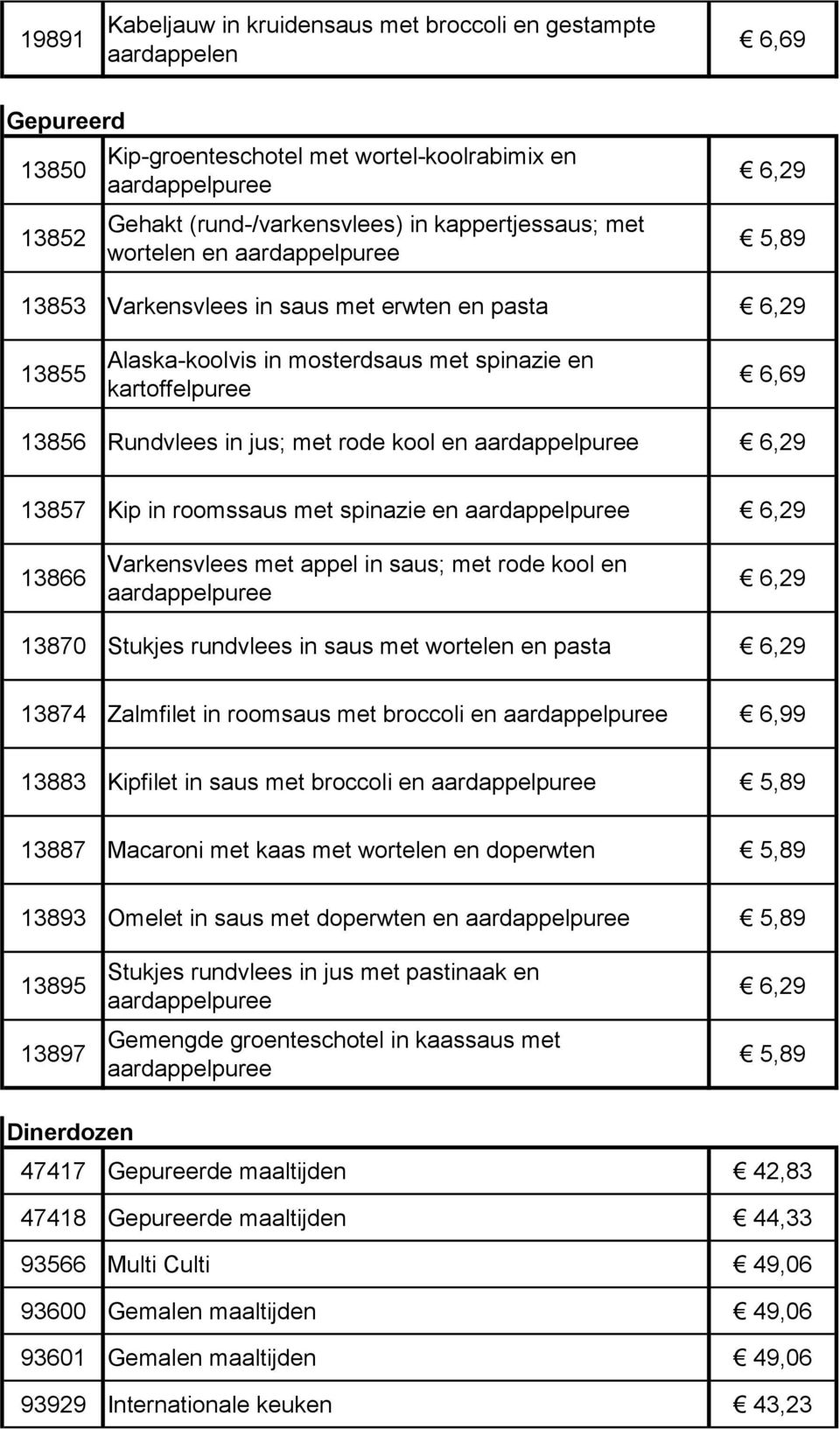 in roomssaus met spinazie en aardappelpuree 13866 Varkensvlees met appel in saus; met rode kool en aardappelpuree 13870 Stukjes rundvlees in saus met wortelen en pasta 13874 Zalmfilet in roomsaus met